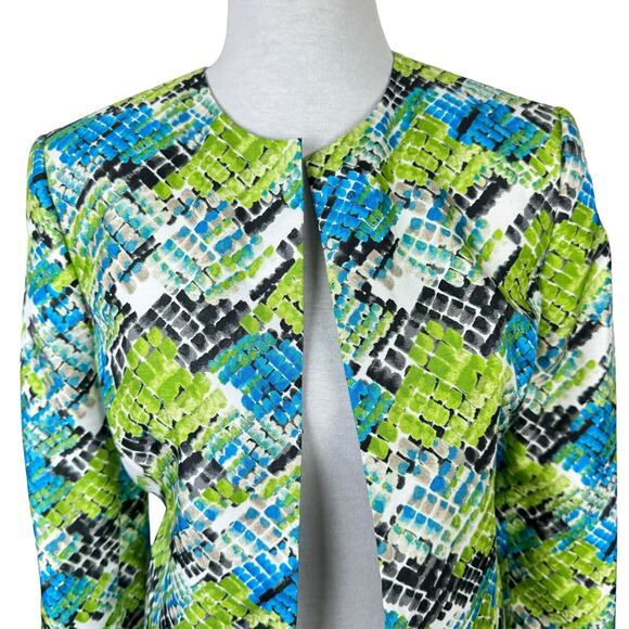 Kasper Bright Blue Green Reptile Print Collarless Open Front Jacket Blazer - Picture 4 of 12